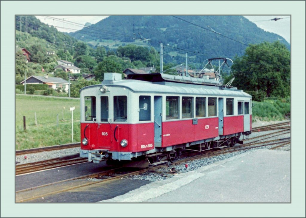 The celebrate CEV BDe 4/4 N 105 in Blonay. 
Summer 1986