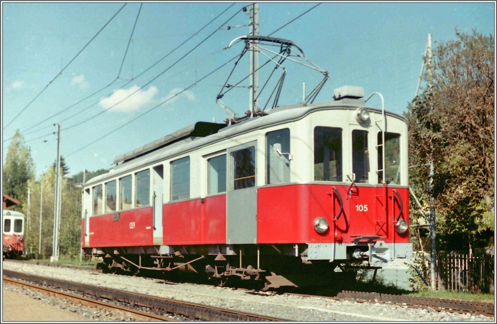 The CEV BDe 4/4 105 in Blonay.
Summer 1985/scanned negative