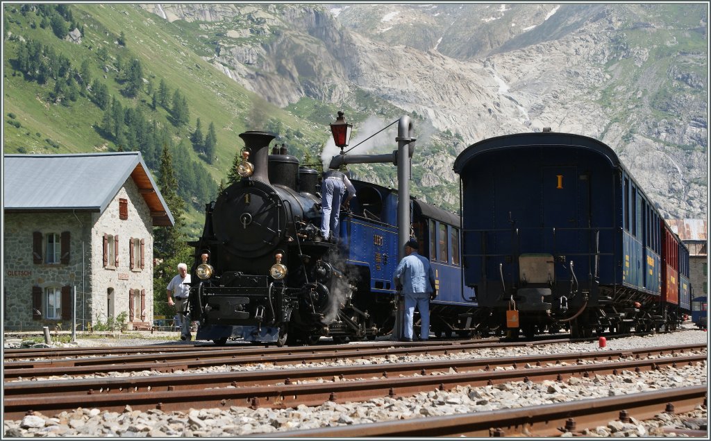 The DFB HG 3/4 N 1  Furkahorn  (SLM 1913) in Gletsch. 
05.08.2013