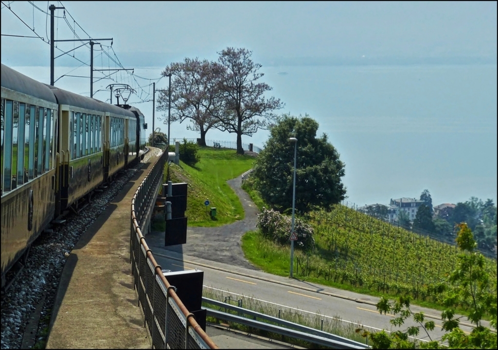 The Goldenpass Classic train is running near Chtelard VD on its way from Zweisimmen to Montreux on May 25th, 2012.
