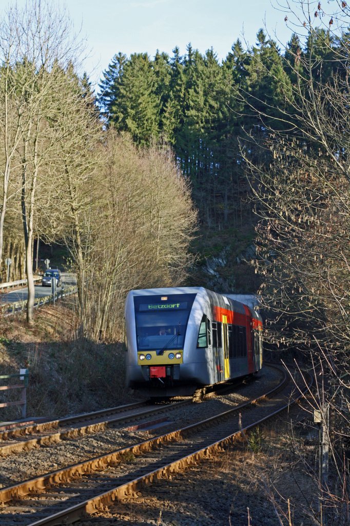 The Hellertalbahn with a diesel multiple units Stadler GTW 2/6 on 07.02.2011 has just been the Alsdorf tunnel  (in Betzdorf-Alsdorf) and runs continue along to Betzdorf.