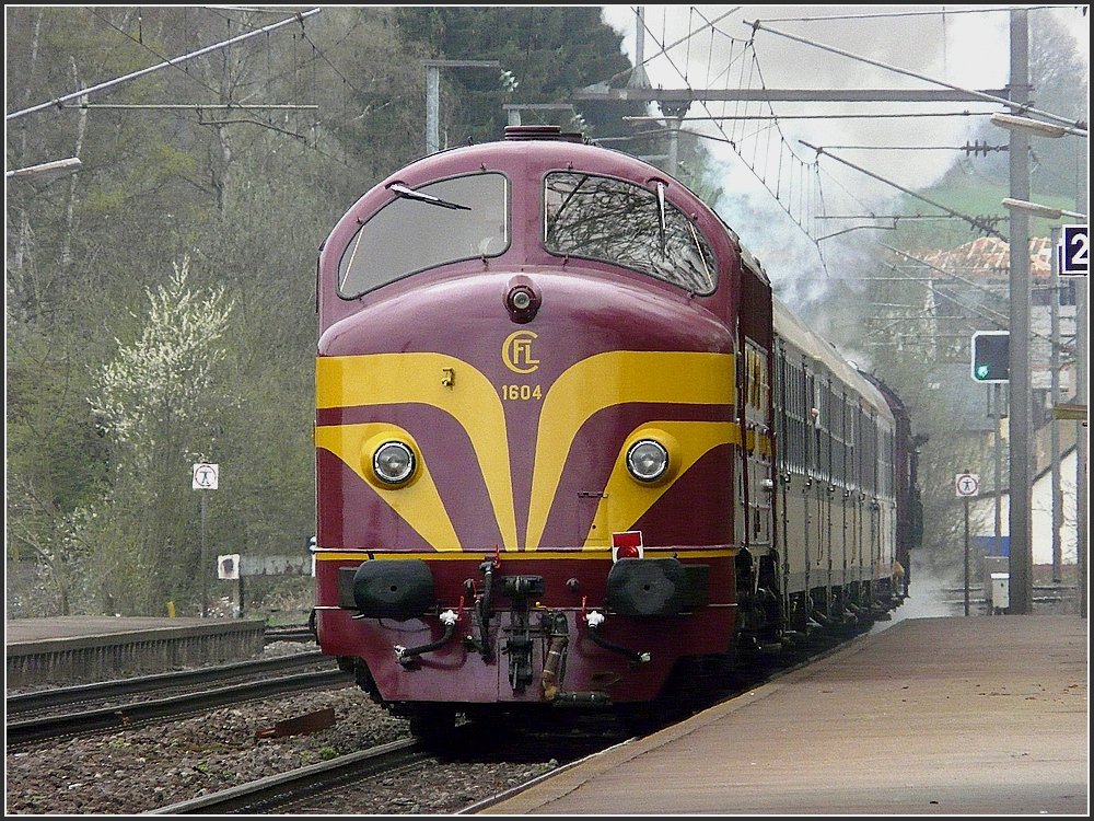 The heritage engine 1604 at the end of a special train is leaving the station of Lorentzweiler on April 20th, 2008.