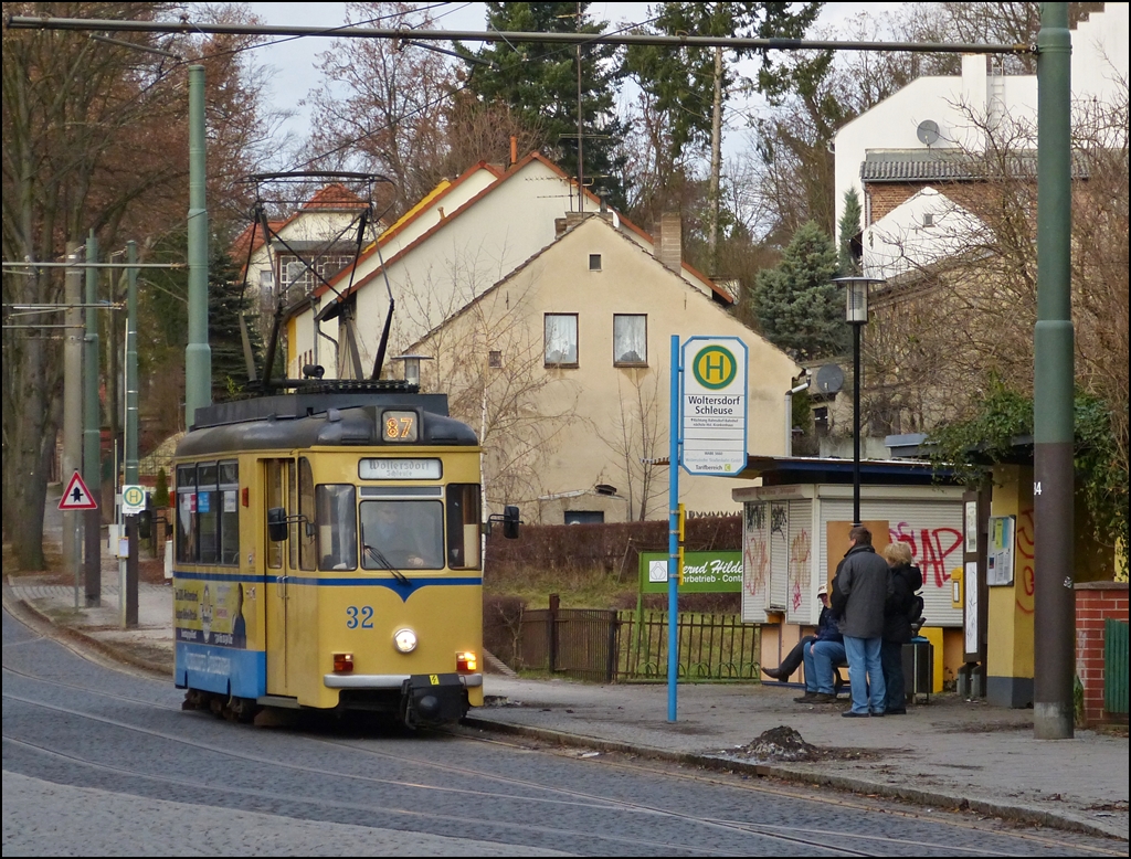 The heritage tram N 32 is arriving on its final destination Woltersdorf Schleuse on December 27th, 2012.