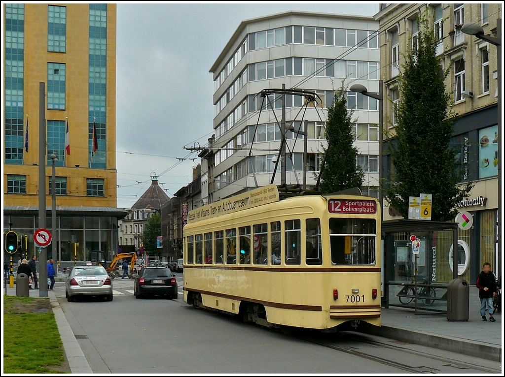 The heritage tram N 7001 taken near the staatio Antwerpen Centraal on September 13th, 2008.