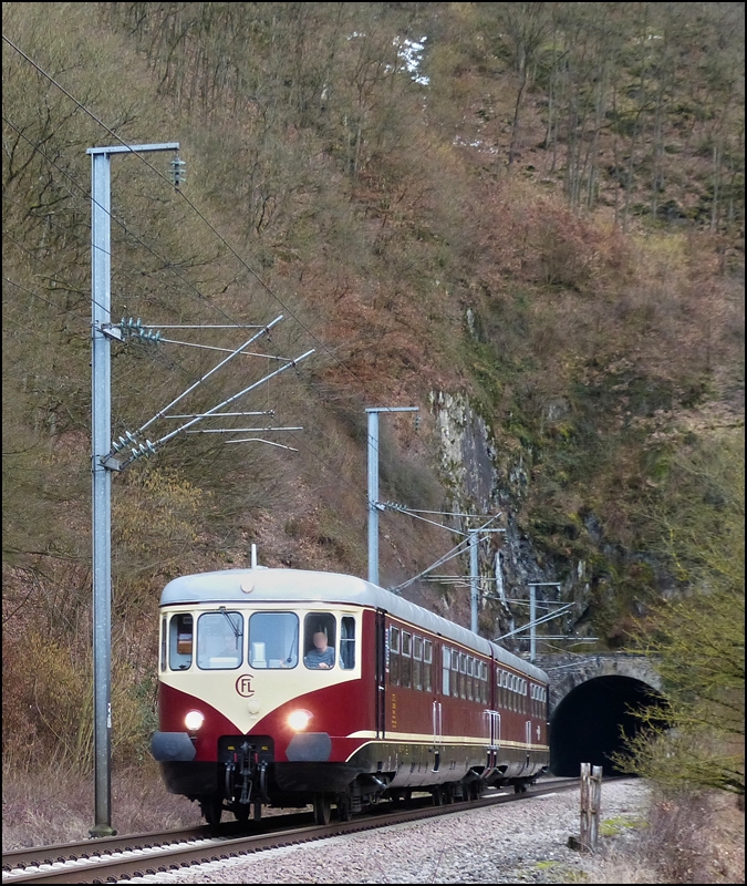 The heritage Westwaggon Z 208/218 photographed near the tunnel in Michelau on February 21st, 2013.