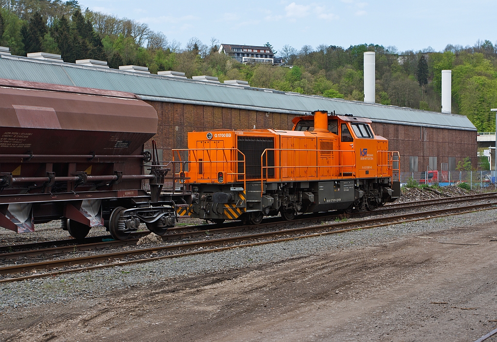 The locomotive No. 46 of the KSW (Kreisbahn Siegen-Wittgenstein), a Vossloh G 1700-2 BB (set as 92 80 1277 807-4 D-KSW), parked on 30.04.2012 in Siegen-Eintracht.