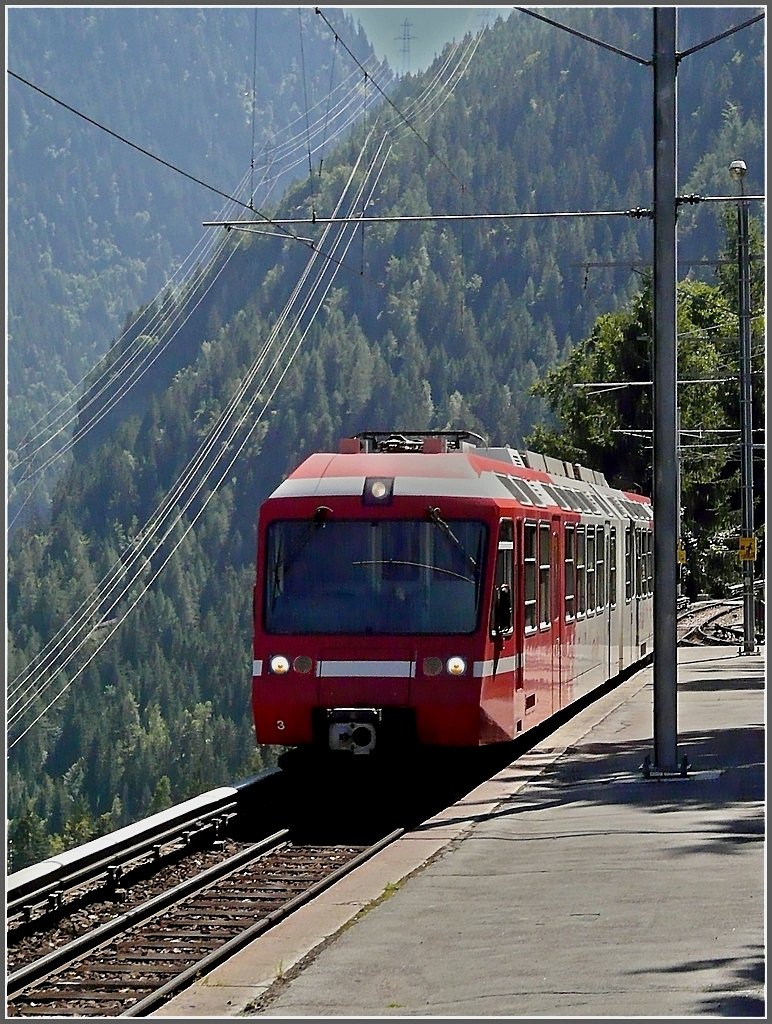 The Mont-Blanc Express BDeh 4/8 3 (SNCF Z 803) is running high up in the mountains between Finhaut and Le Trtien on August 3rd, 2008.
