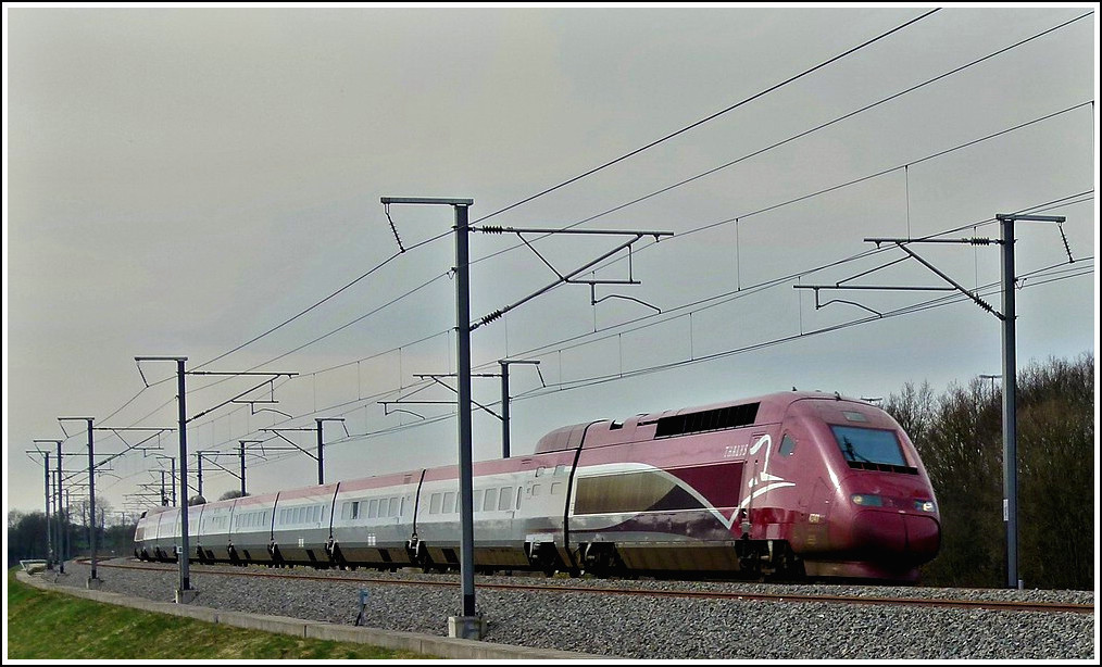 The PBKA Thalys 4341 is running on the highspeed track N 3 near Baelen on March 20th, 2011.