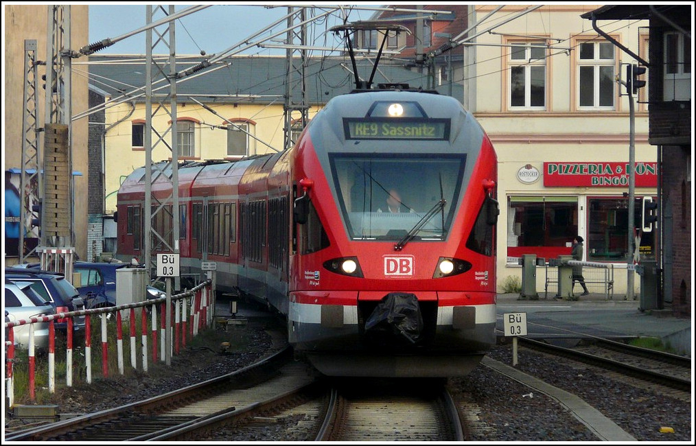 The RE 9 to Sassnitz is arriving at the main station of Stralsund on September 26th, 2011.
