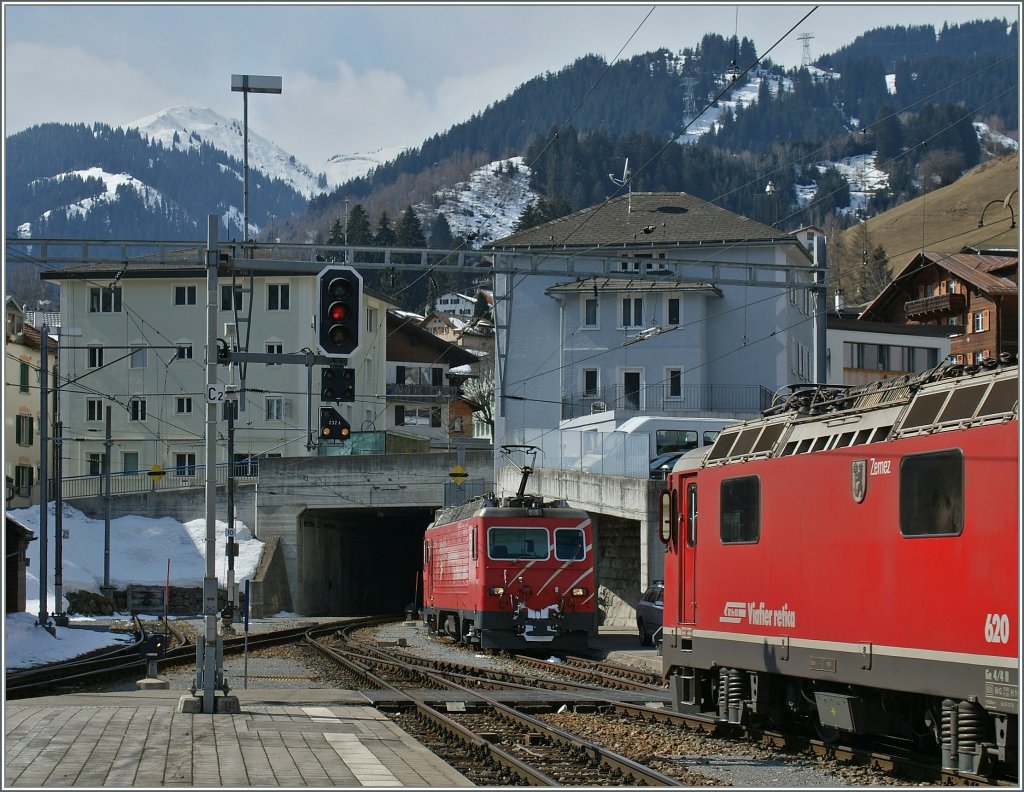 The RhB Locomotive makes place for the MGB HGe 4/4 103. 
Disentis, 15.03.2013