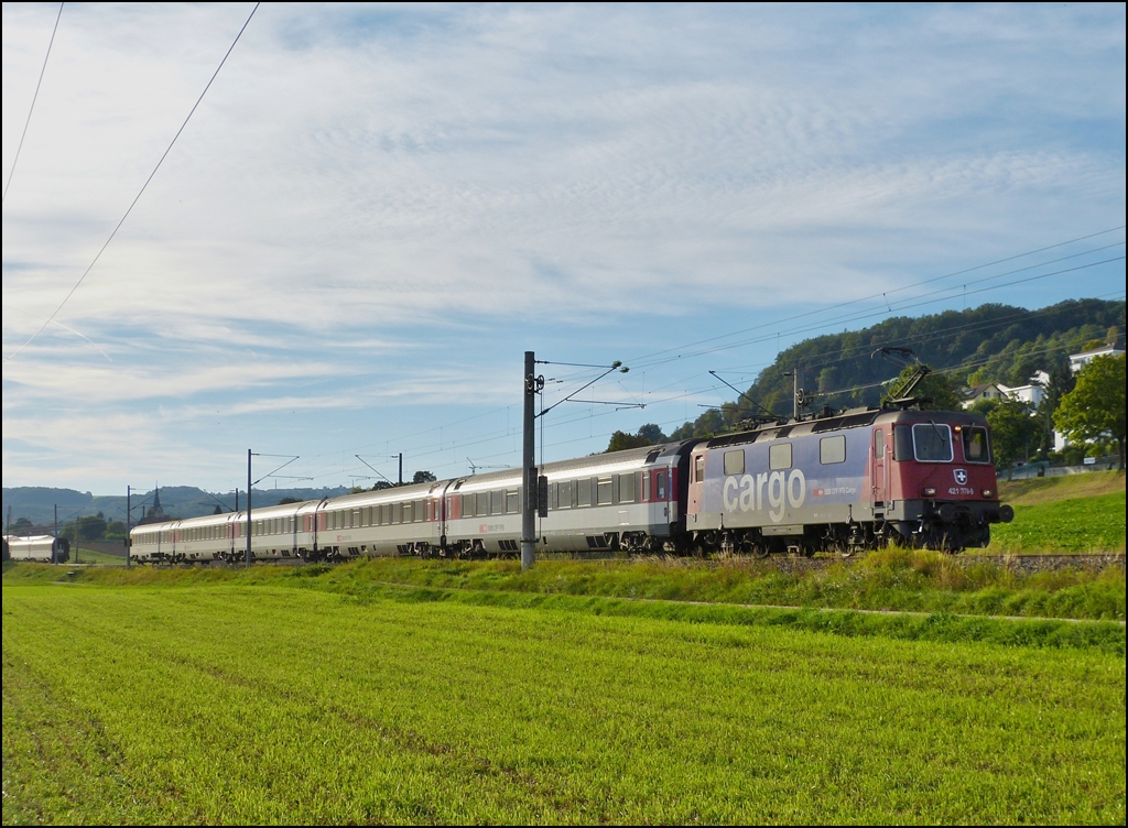 The SBB Cargo Re 421 379-8 is heading a IC Zürich - Stuttgart between Thayngen and Bietingen on September 17th, 2012.