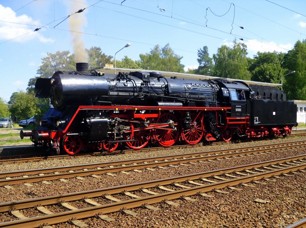 The steam locomotive 03 1010 in train station Nassenheide, near Berlin, viewed on August 22nd 2011.