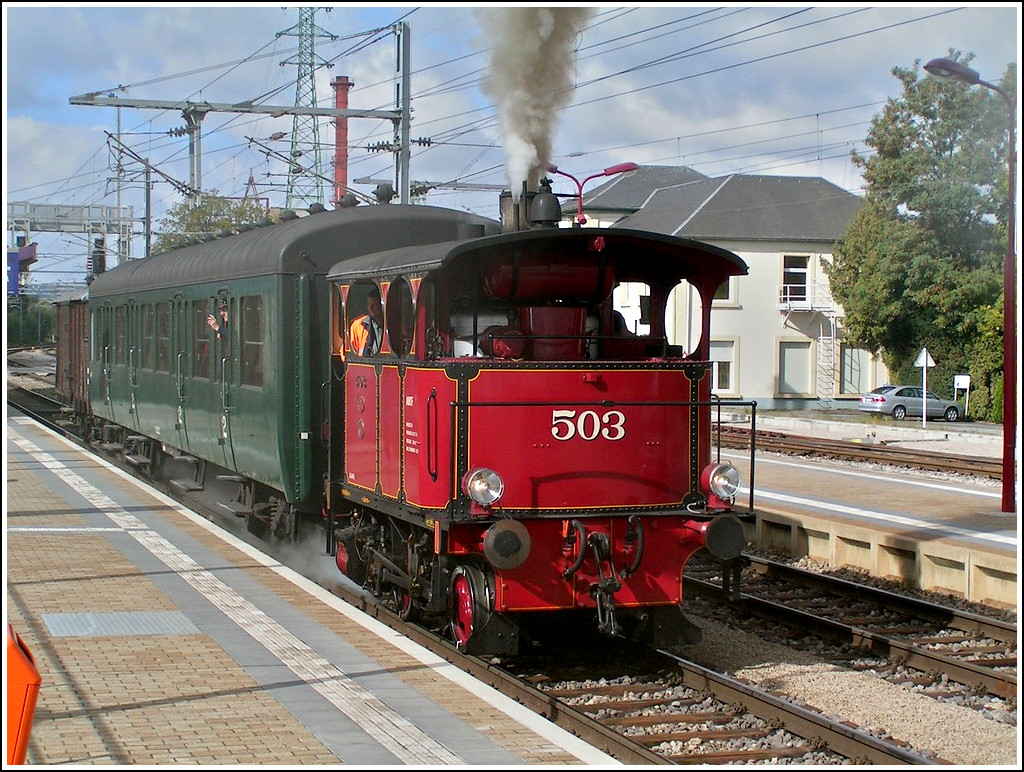 The steam locomotive 503 of the heritage railway Train 1900 is leaving the station of Rodange on September 19th, 2004.