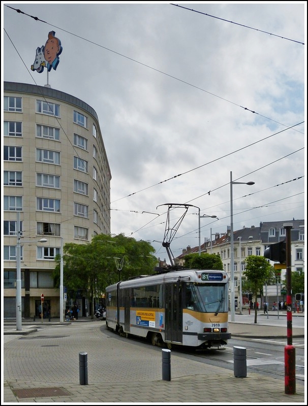 The tram N 7919 is running on the place Bara in Brussels on June 24th, 2012.