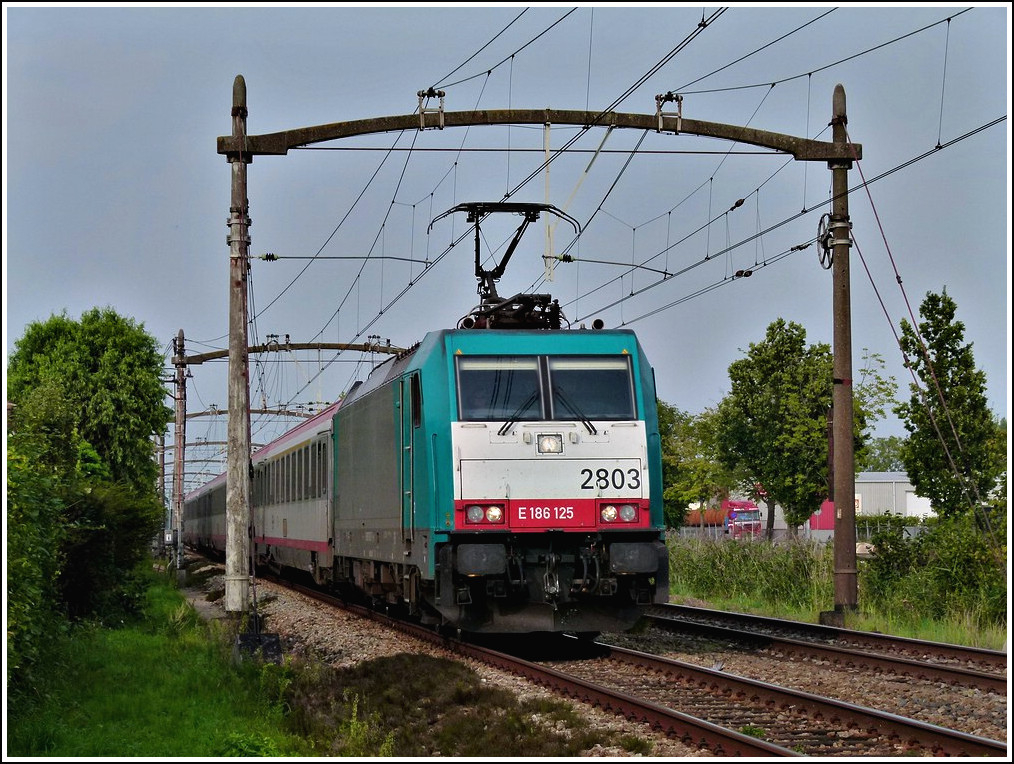 The TRAXX 2803 is heading the IC Amsterdam - Antwerpen in Zevenbergen on September 2nd, 2011.
