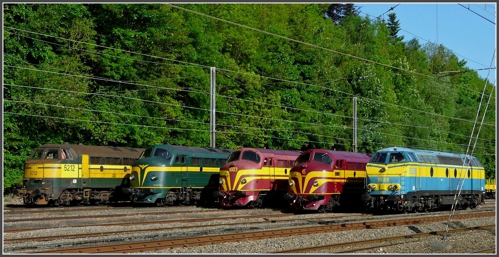 Three round noses (1604, 1603 and 202.020, former 1602) framed by the so called  cabine flottante  5212 and the 5519, photographed at the station of Ciney (B) on May 16th, 2009.