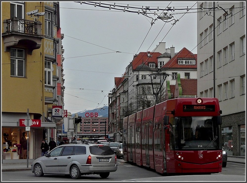 Tram 314 is running through Salurnerstrae at Innsbruck on December 22nd, 2009. 