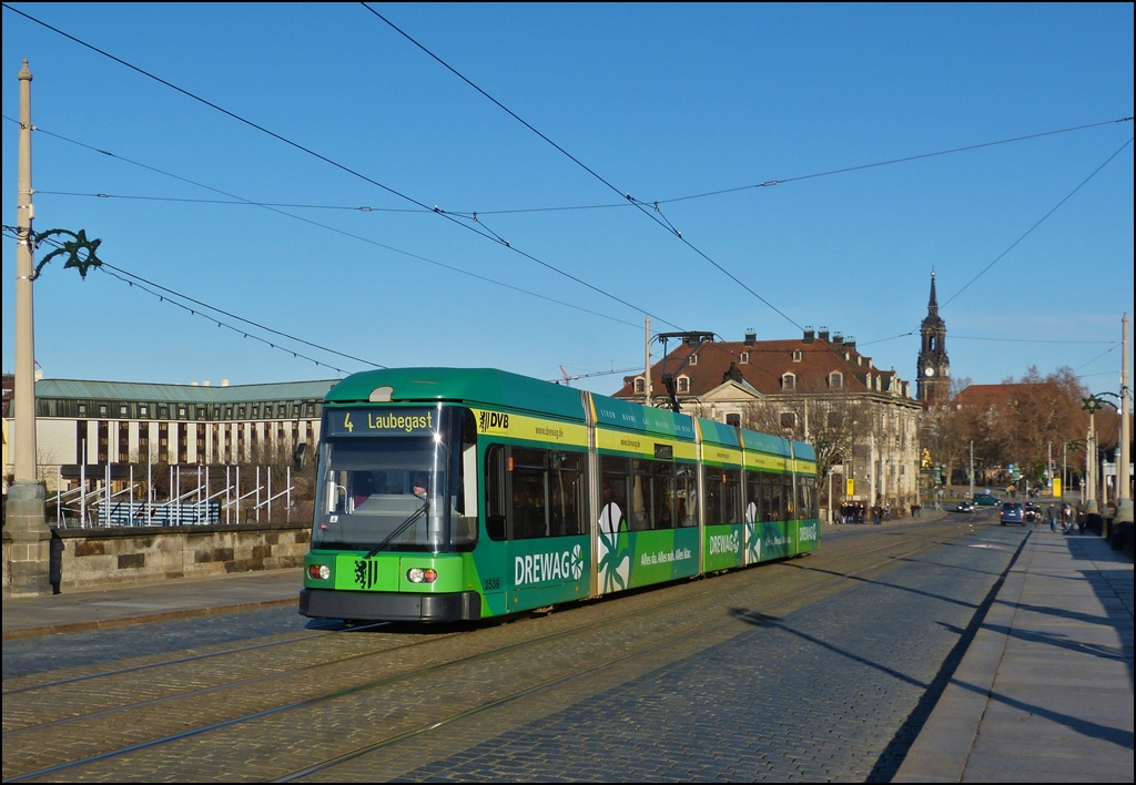 Tram N 2539 is running over the Augustusbrcke in Dresden on December 28th, 2012.