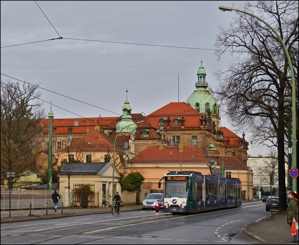 Tram N 414 is running through the Friedrich-Ebert-Strae in Potsdam on December 24th, 2012.