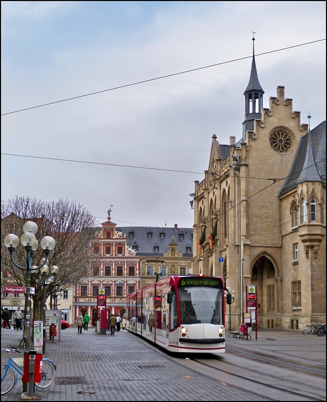 Tram N 654 is running on Erfurt Fischmarkt on December 26th, 2012.