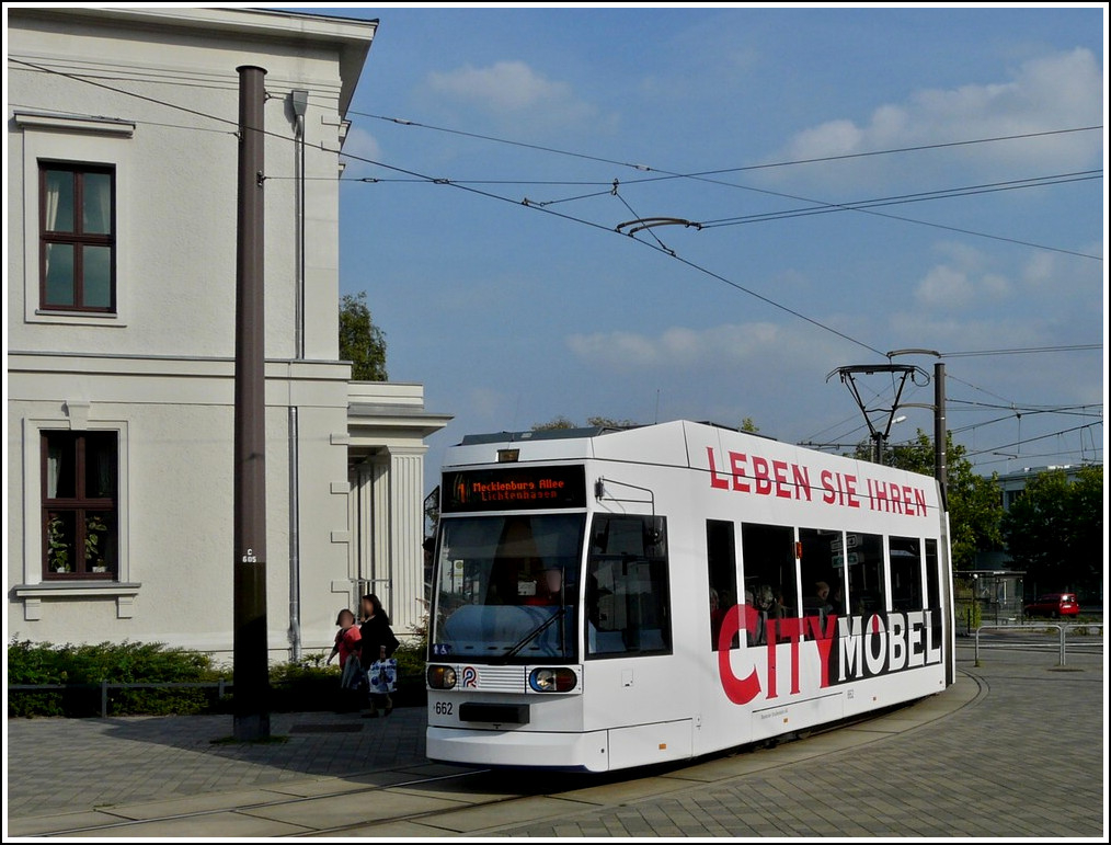 Tram N 662 is turning from Ernst-Barlach-Strae into Steinstrae in Rostock on September 24th, 2011. 