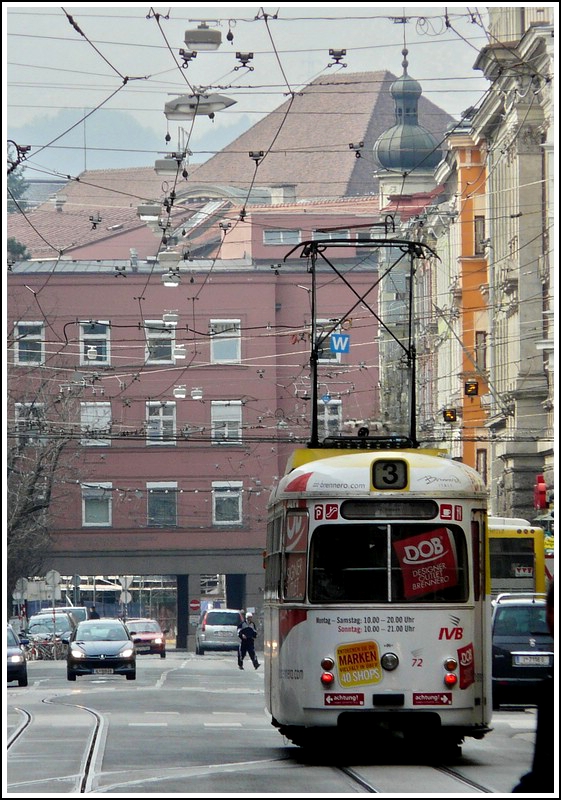 Tram N 72 is running through the Anrichstrae in Innsbruck on March 8th, 2008.