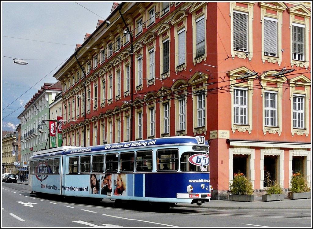 Tram N 76 is entering into the Maria-Theresien-Strae in Innsbruck on March 8th, 2008.