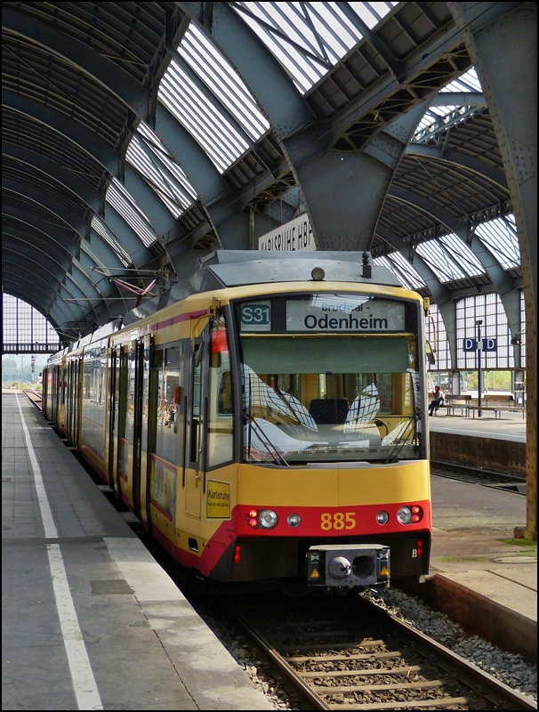 Tram N° 885 pictured in Karlsruhe main station on September 11th, 2012.
