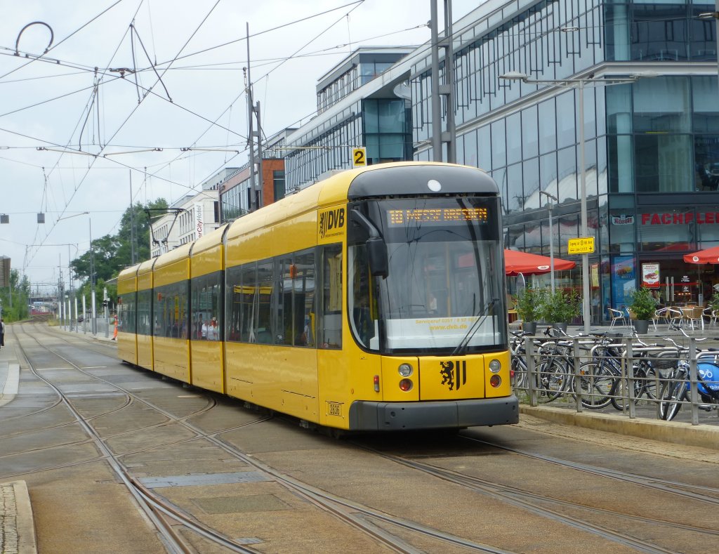 Tram N.2836 to Messe Dresden is driving into the station of  Hauptbahnhf Nord  on August 9th 2013.