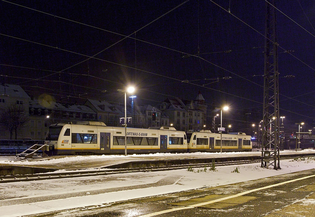 Two at 08.12.2012 on 5:45 clock in Offenburg parked Stadler Regio-Shuttle RS1 (Class 650) of Ortenau S-Bahn GmbH (OSB).