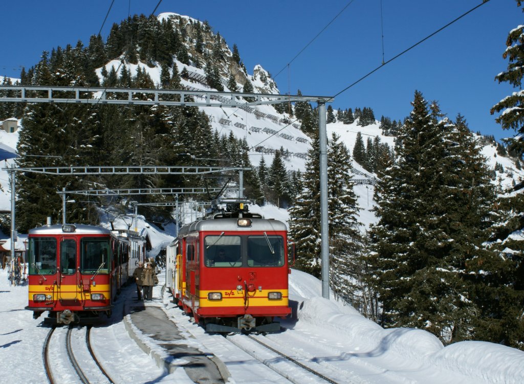 Two local trains in the Bouguetins Station. 
08.02.2010