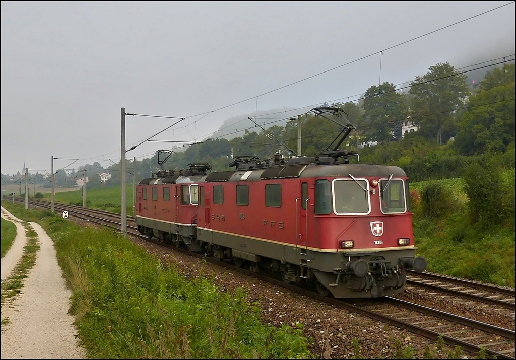 Two Re 4/4 II are running between Thayngen und Bietingen on September 17th, 2012.