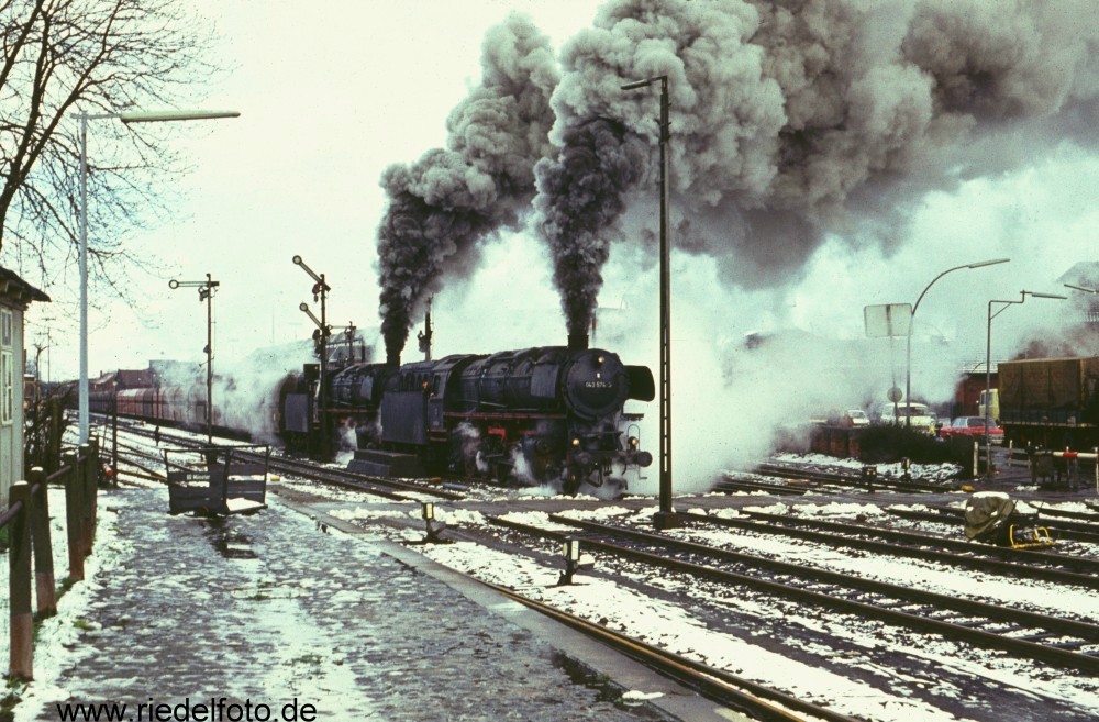 Two steam locomotives (type 44) at the station of Lingen (Germany/1974)