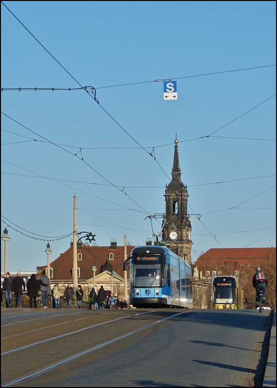 Two trams are meeting on Augustusbrcke in Dresden on December 28th, 2012.