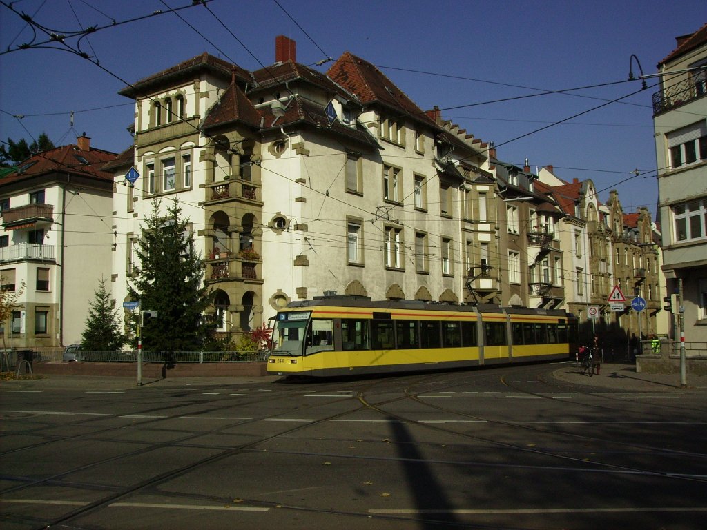 VBK-Tramcar 244 is at 31.10.2011 on line 5 on the way to the Rheinport. 
Because of a construction, a new tramcar drives on the line 5
because she is at the Weinbrenner Place in Karlsruhe linked with the line 2E.