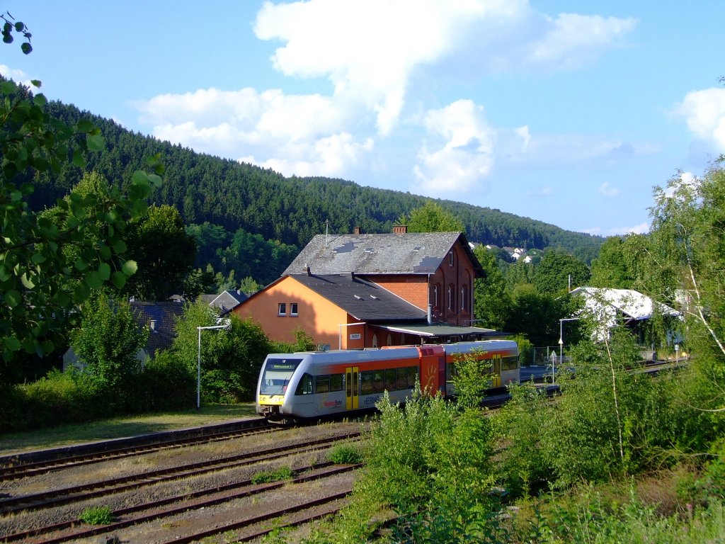 View of the station Herdorf (Germany) on 30.07.2010, here runs the Hellertalbahn with one Stadler GTW 2 / 6  in the direction of Betzdorf.