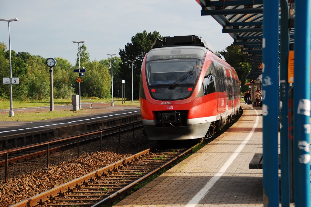 You see here a leaving motor coach class 644 at Liblar Station. Liblar liese at the  Eifel Broadrailway  witch connect Cologne with the maybe oldest german city Trier, witch was founded by the romance on the banks of the Moselriver about 2000 years ago. the photo is taken on august 21th 2011