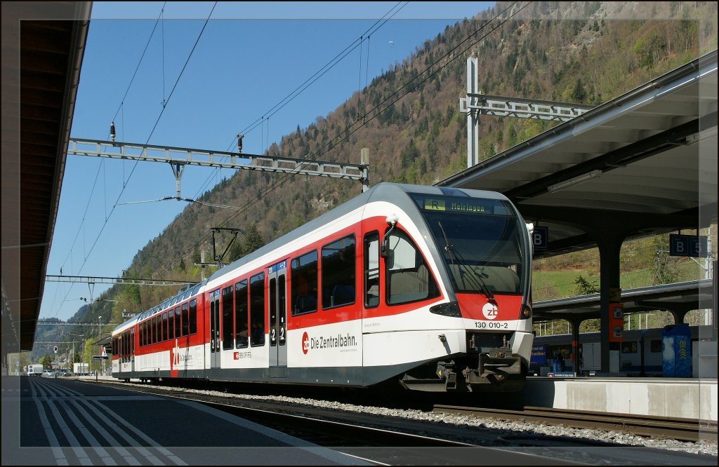 Zentralbahn RABe 130 010-2 to Meiringen in Interlaken Ost. 
09.04.2011