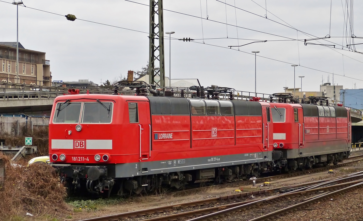 . 181 211-4  Lorraine  and 181 213-0  Saar  pictured in Koblenz main station on March 21st, 2014.