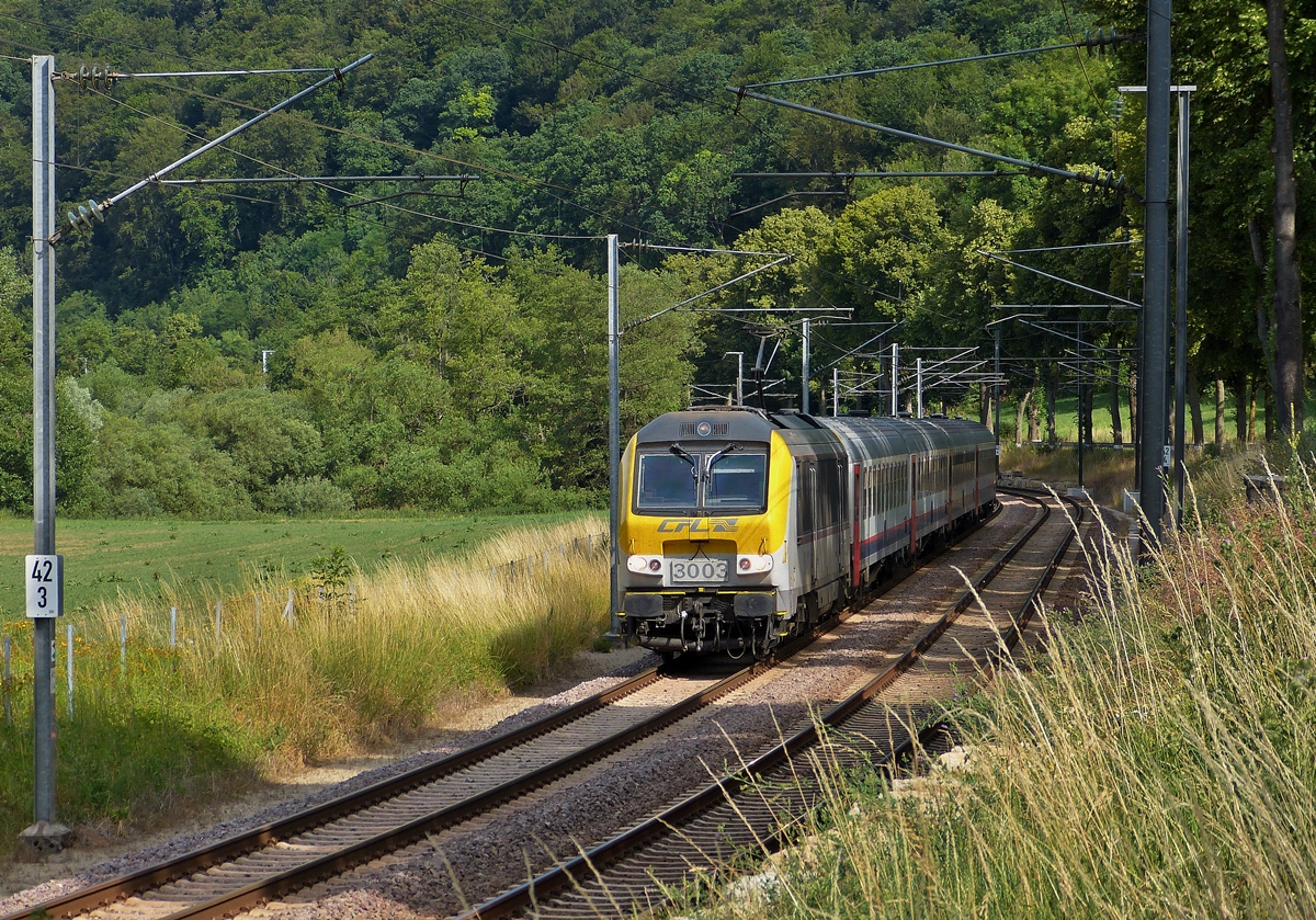 . 3003 is heading the IC 108 Liers - Luxembourg City between Colmar-Berg and Cruchten on July 12th, 2015. 