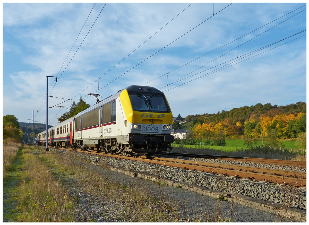 . 3009 is hauling the IR 119 Liers - Luxembourg City through Wilwerwiltz on October 22nd, 2013.