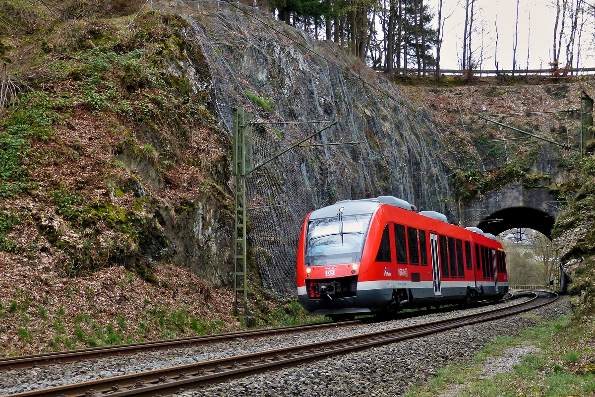 . A Alstom Coradia LINT 41 of the DreiLänderBahn is running as RB 95 Dillenburg - Siegen -  Au/Sieg through the Mühlburg tunnel in Scheuerfeld/Sieg on March 22nd, 2014.