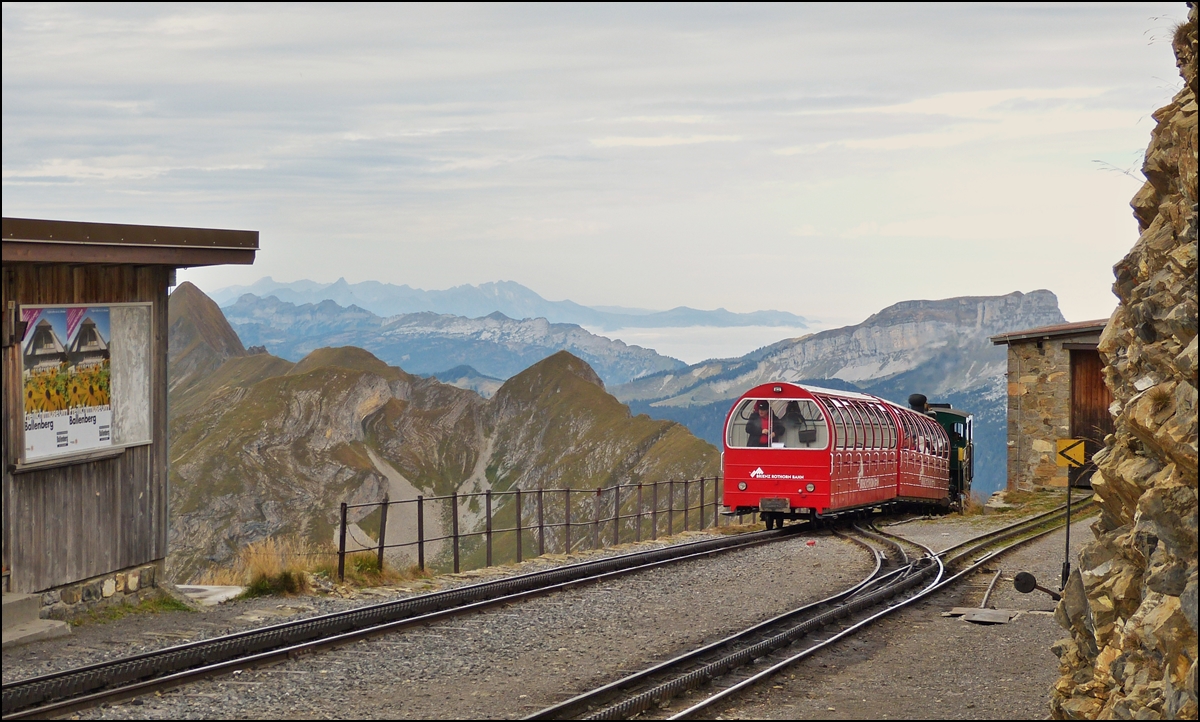 . A BRB steam train is arriving at its final destination Rothorn Kulm on September 29th, 2013.