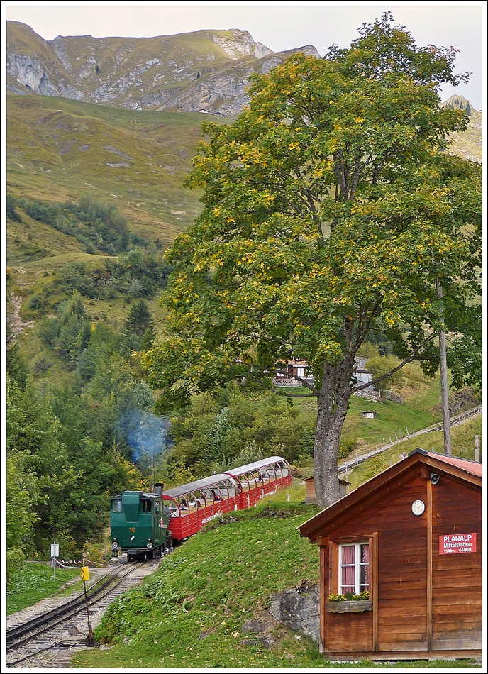 . A BRB steam train is leaving the halfway passing loop Planalp on September 27th, 2013.