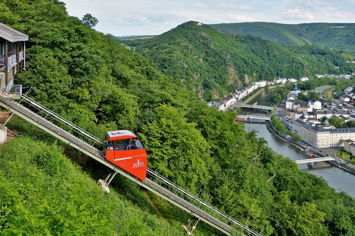 . A car of the funicular Kurwaldbahn Bad Ems is arriving on the summit station on May 25th, 2014.