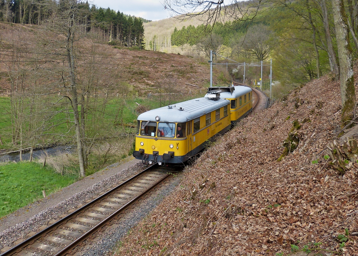 . A DB track recording train is running between Merkholtz and Kautenbach on April 9th, 2014.