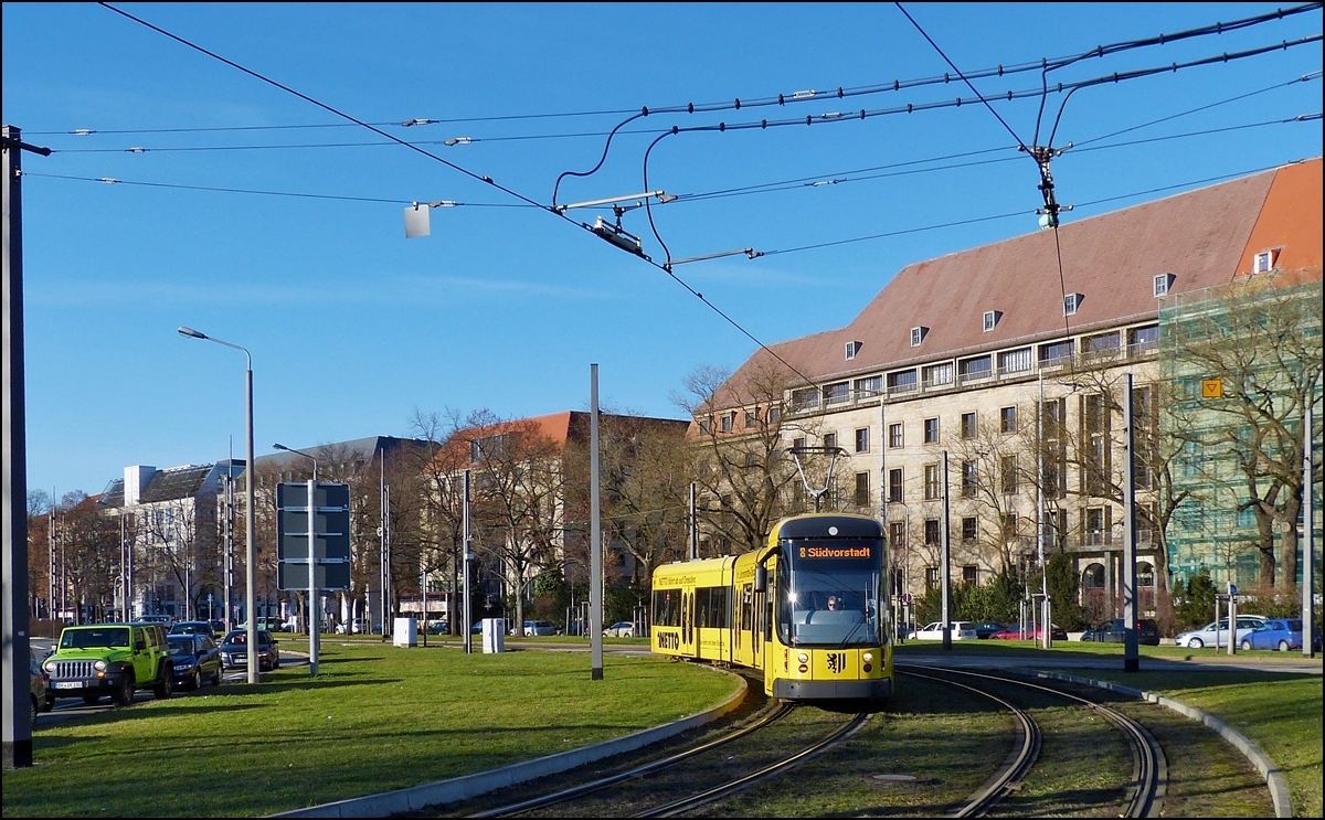 . A DVB Tram is running in Waisenhausstrae in Dresden on December 28th, 2012.