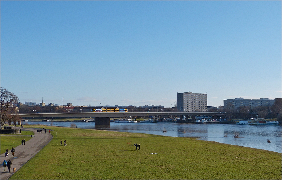 . A DVB tram is running on the Carolabrcke in Dresden on December 28th, 2013.