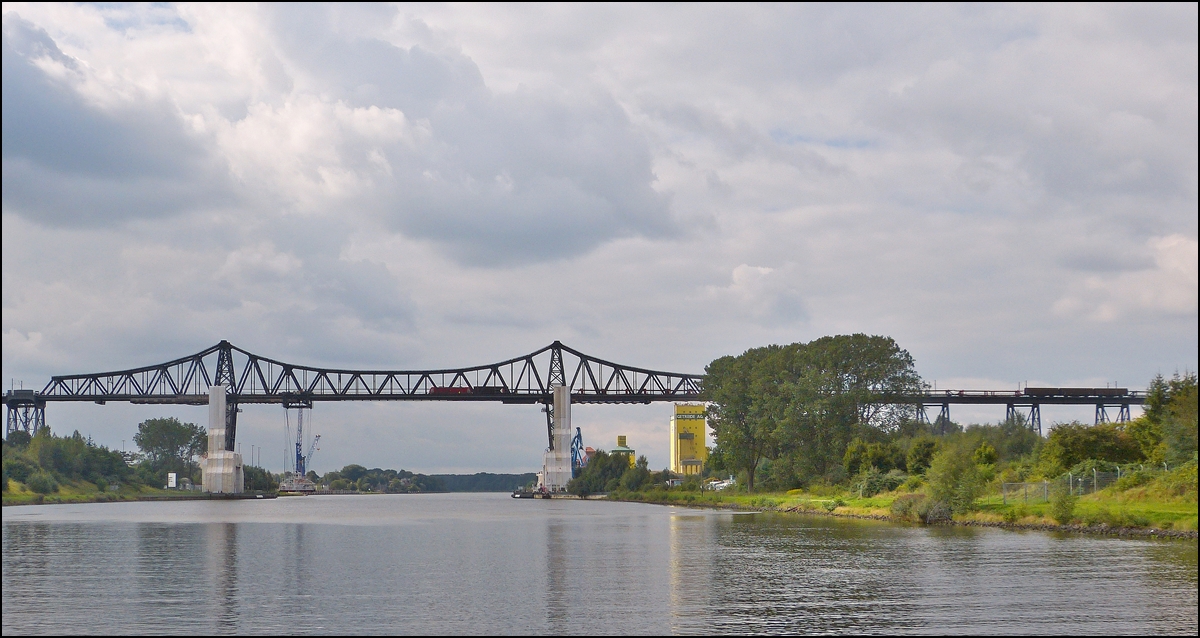 . A goods train in running on the Rendsburger Hochbrcke near Rendsburg on September 18th, 2013.