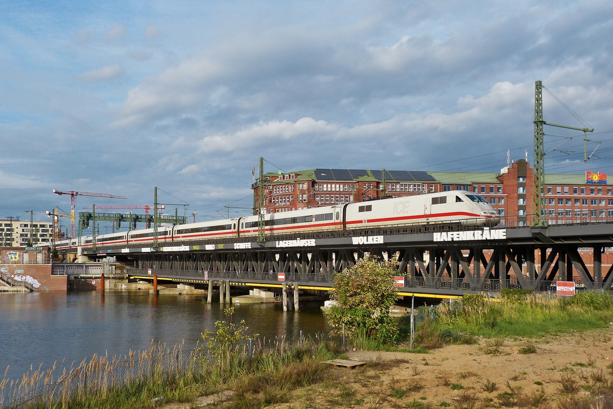 . A ICE is running on the Oberhafenbrcke in Hamburg on September 19th, 2013.